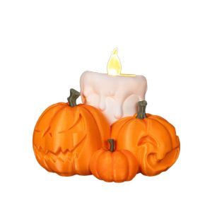 Halloween tök mécsestartó, faragott töklámpás gyertyával – asztali dekoráció és éjjeli lámpa, 10 x 7 cm